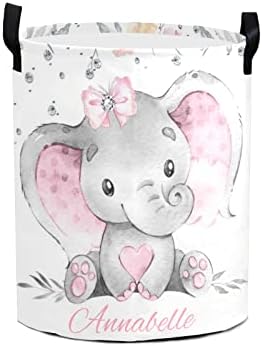 Personalized Pink Gray Elephant Laundry Basket - Compact Water Resistant