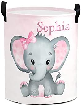 Cute Elephant Foldable Custom Name Large Laundry Basket for Kids and Babies