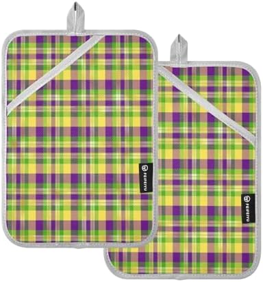 Kcldeci Mardi Gras Plaid Heat-Resistant Potholder Set 2-Pack