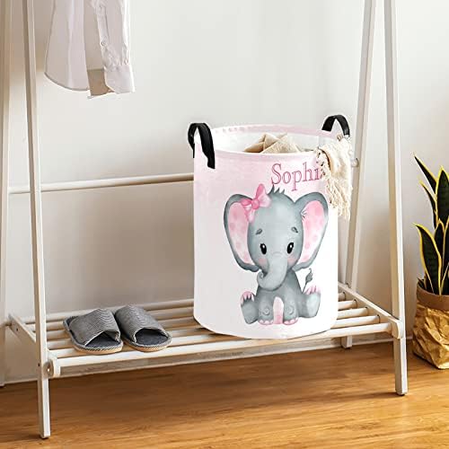 Cute Elephant Foldable Custom Name Large Laundry Basket for Kids and Babies