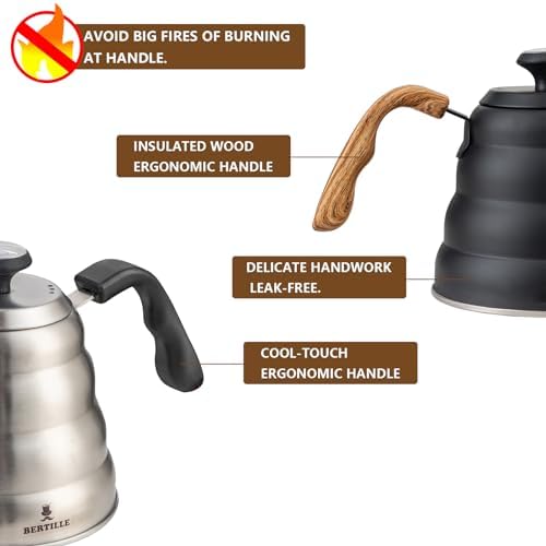 BERTILLE Gooseneck Coffee Kettle with Thermometer 40 fl oz Stainless Steel Ergonomic Handle