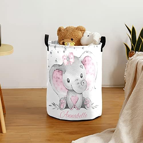 Personalized Pink Gray Elephant Laundry Basket - Compact Water Resistant