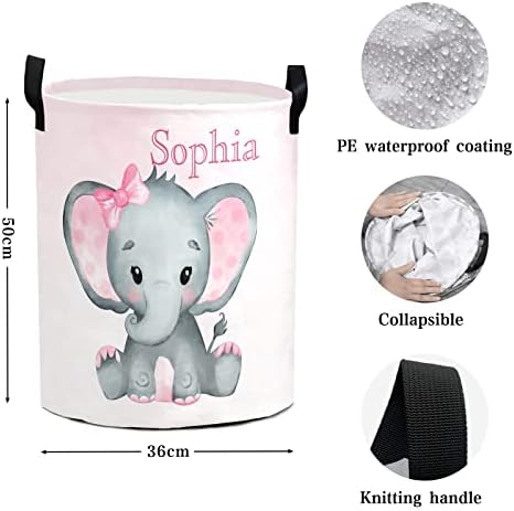 Cute Elephant Foldable Custom Name Large Laundry Basket for Kids and Babies