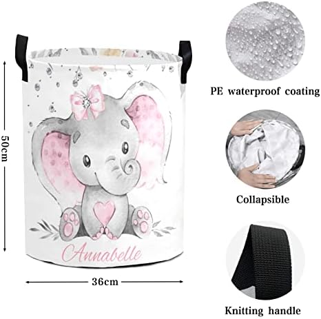 Personalized Pink Gray Elephant Laundry Basket - Compact Water Resistant