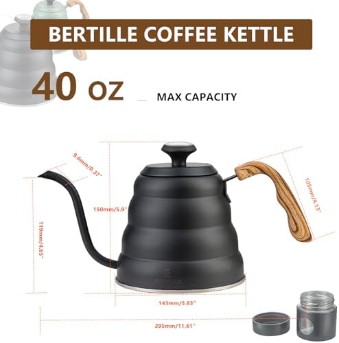 BERTILLE Gooseneck Coffee Kettle with Thermometer 40 fl oz Stainless Steel Ergonomic Handle