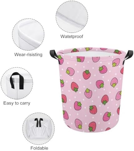 Perfectique Pink Strawberry Laundry Hamper Collapsible Waterproof Storage for Family Pets