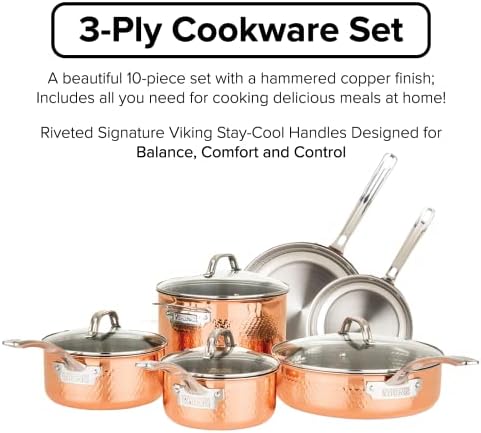 Viking 3-Ply 10-Piece Copper Cookware Set with Glass Lids