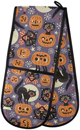 Double Oven Mitts Halloween - Vampire Cats Heat Resistant Long Potholder for Kitchen