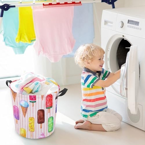 Retro Watercolor Ice Cream Laundry Basket with Handles