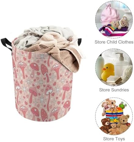 MEIKKO Vintage Pink Mushroom Laundry Basket - Retro Design Waterproof Collapsible Storage Solutions