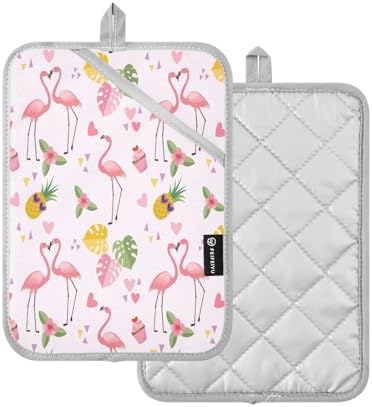 Cute Flamingo 2-Piece Heat Resistant Potholders with Heart Shape