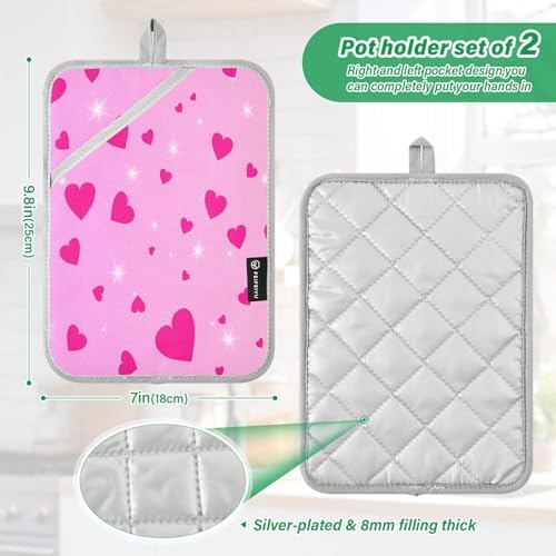 KCLDECI Pink Hearts 2-Pack Heat Resistant Potholders for Kitchen Use