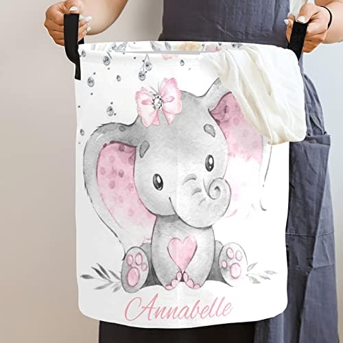 Personalized Pink Gray Elephant Laundry Basket - Compact Water Resistant