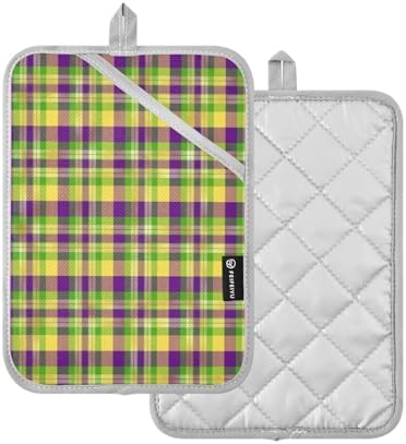 Kcldeci Mardi Gras Plaid Heat-Resistant Potholder Set 2-Pack
