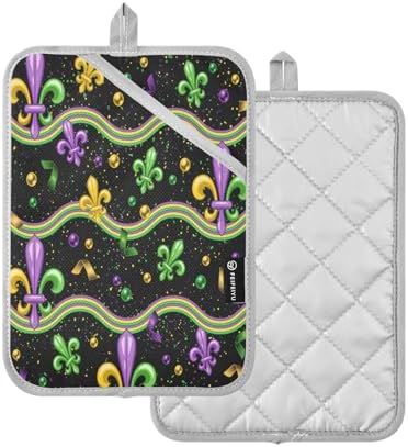 Mardi Gras Wavy Stripes Oven Mitts Heat-Resistant 2-Piece Set
