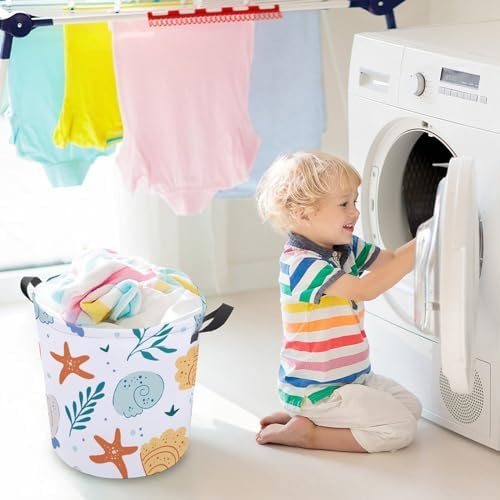 Cute Ocean Waterproof Laundry Hamper with Easy Carry Handles for Home Travel