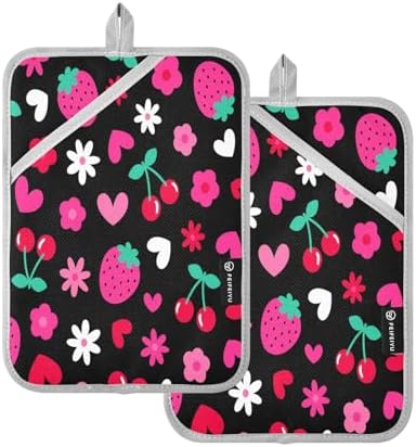 Kacldeci 2-Piece Strawberry Cherry Heart Potholders Heat-Resistant Oven Mitts