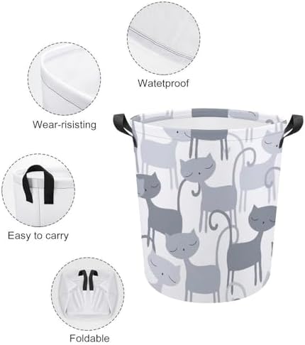 MEIKKO Grey Cat Pattern Laundry Basket with Waterproof Coating