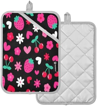 Kacldeci 2-Piece Strawberry Cherry Heart Potholders Heat-Resistant Oven Mitts