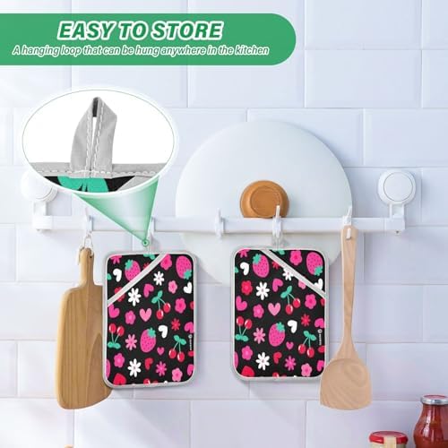 Kacldeci 2-Piece Strawberry Cherry Heart Potholders Heat-Resistant Oven Mitts