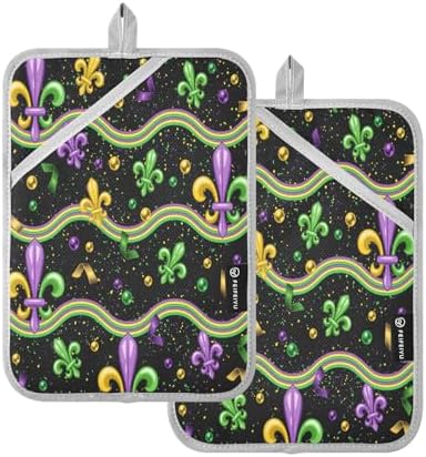 Mardi Gras Wavy Stripes Oven Mitts Heat-Resistant 2-Piece Set