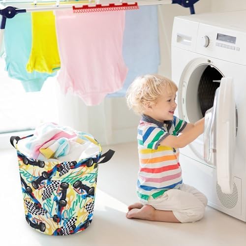 Racing with Checkered Flag Laundry Hamper Waterproof Clothes Basket with Easy Carry Handles