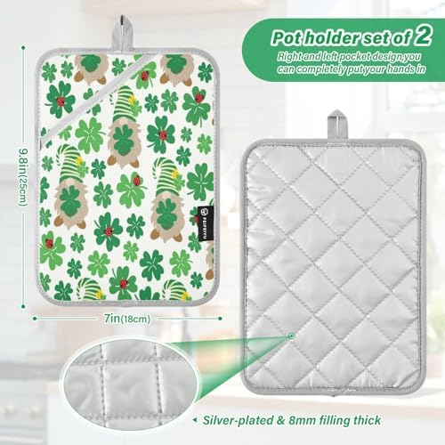 Kcldeci Lucky Green Clover Leaves with Gnomes Heat Resistant Potholders