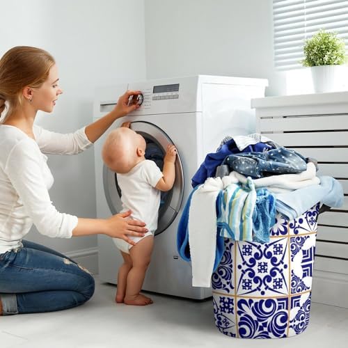 MEIKKO Blue Patchwork Tile Laundry Hamper