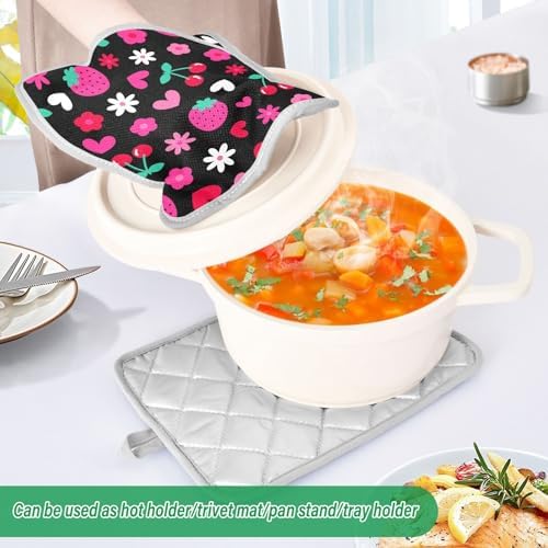 Kacldeci 2-Piece Strawberry Cherry Heart Potholders Heat-Resistant Oven Mitts