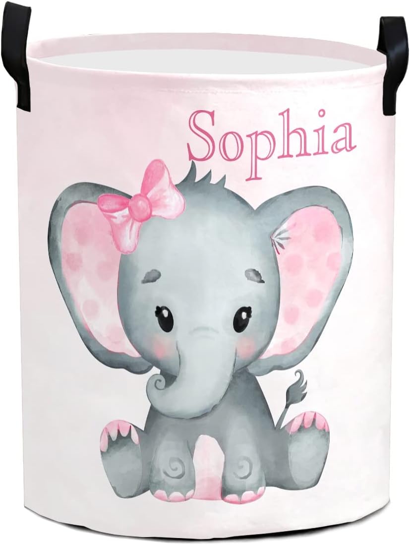 Cute Elephant Foldable Custom Name Large Laundry Basket for Kids and Babies