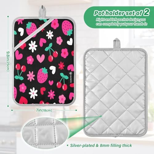 Kacldeci 2-Piece Strawberry Cherry Heart Potholders Heat-Resistant Oven Mitts