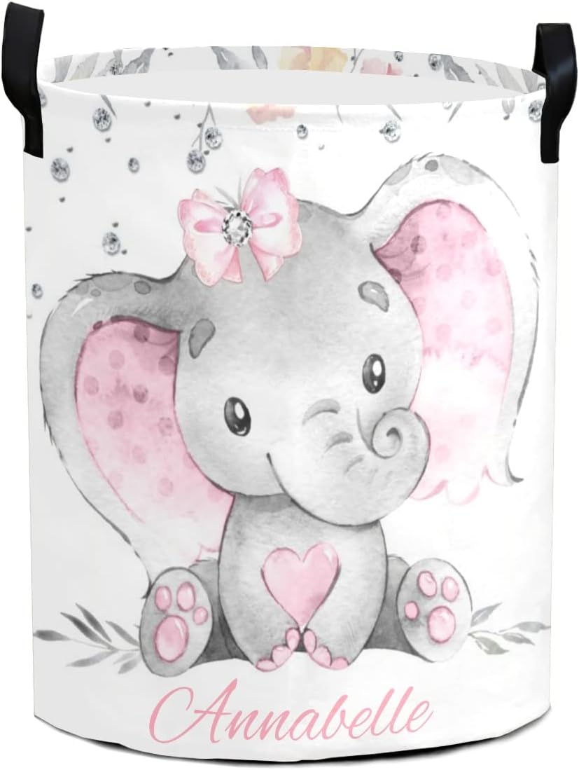 Personalized Pink Gray Elephant Laundry Basket - Compact Water Resistant