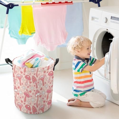 MEIKKO Vintage Pink Mushroom Laundry Basket - Retro Design Waterproof Collapsible Storage Solutions