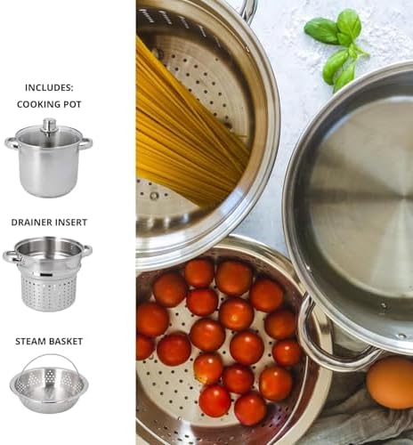 Stainless Steel Pasta Pot Set with Strainer for Boiling Pasta Steaming Vegetables