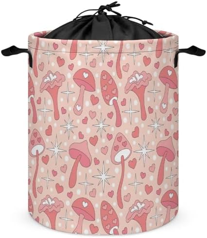 MEIKKO Vintage Pink Mushroom Laundry Basket - Retro Design Waterproof Collapsible Storage Solutions