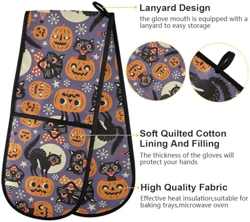 Double Oven Mitts Halloween - Vampire Cats Heat Resistant Long Potholder for Kitchen