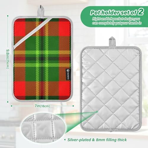 Green Red Tartan Potholders Heat-Resistant Set of 2