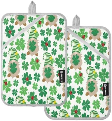 Kcldeci Lucky Green Clover Leaves with Gnomes Heat Resistant Potholders