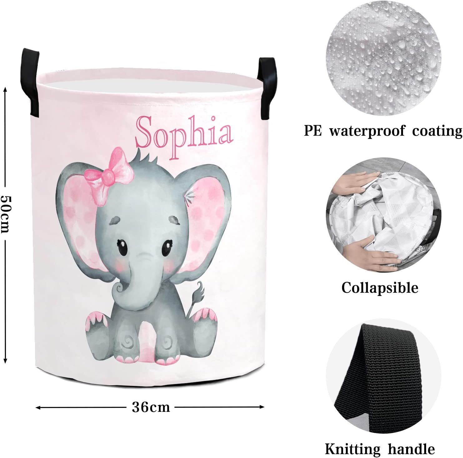Cute Elephant Foldable Custom Name Large Laundry Basket for Kids and Babies