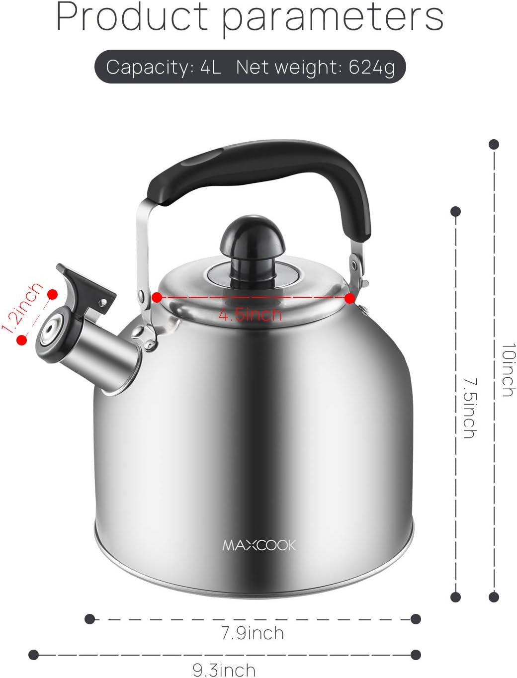 MAXCOOK Stainless Steel Whistling Tea Kettle Boiling Water