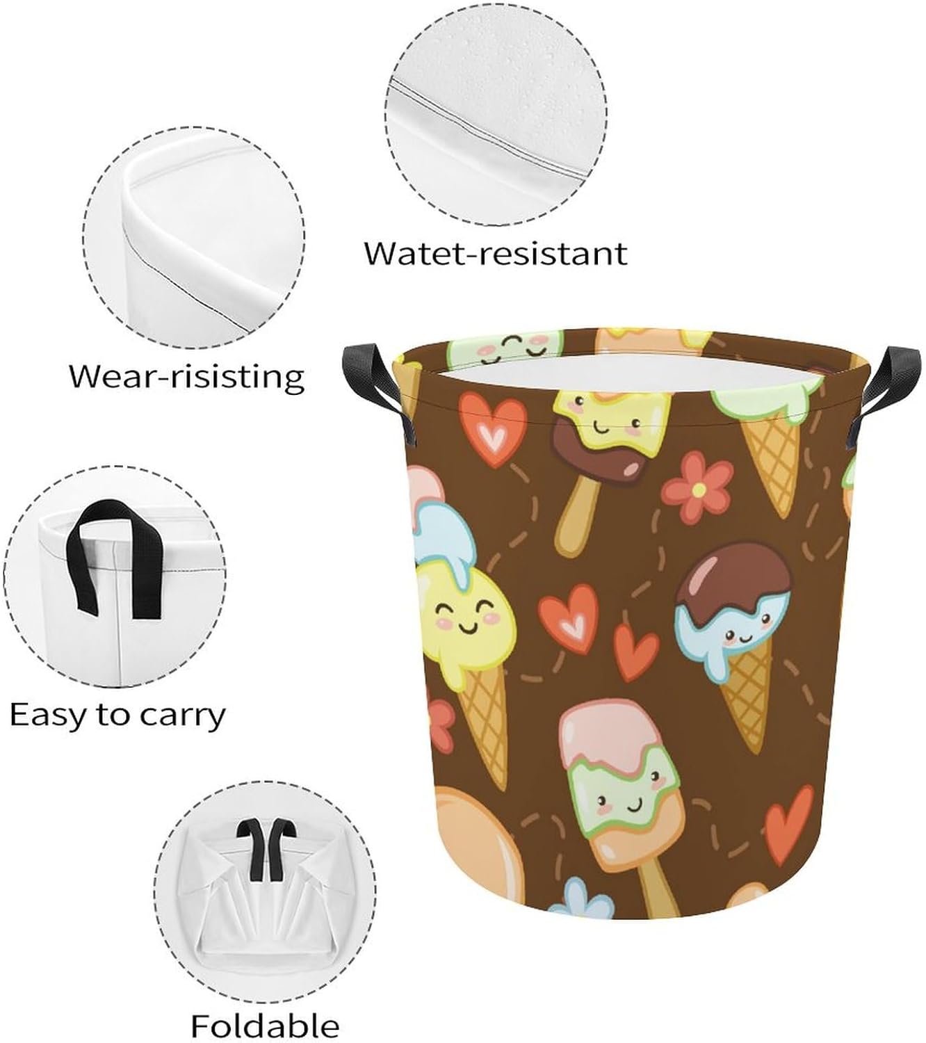 Cute Ice Creams Flower Laundry Hamper Waterproof Durable Mesh Basket