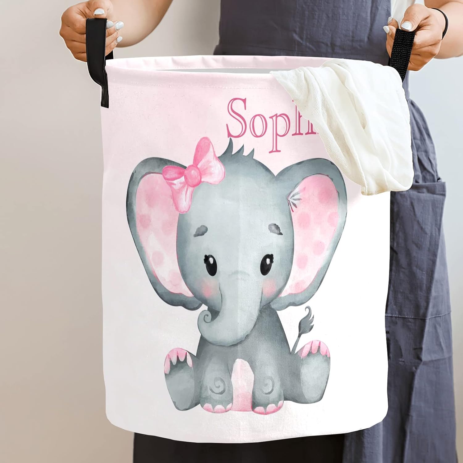Cute Elephant Foldable Custom Name Large Laundry Basket for Kids and Babies