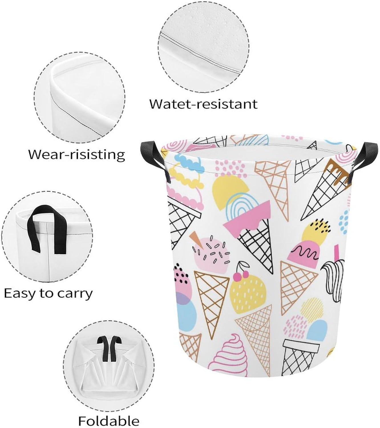 Cute Summer Ice Cream Collapsible Laundry Hamper for Family Dorm Use