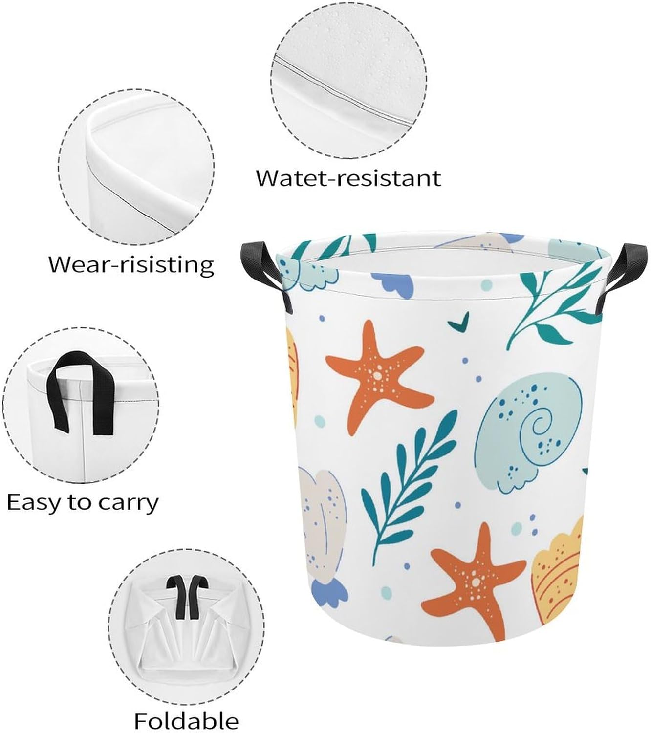 Cute Ocean Waterproof Laundry Hamper with Easy Carry Handles for Home Travel