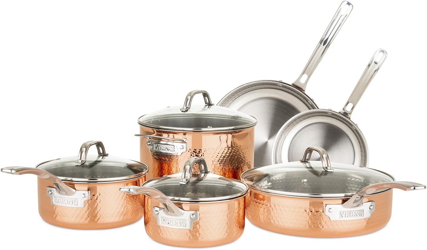 Viking 3-Ply 10-Piece Copper Cookware Set with Glass Lids