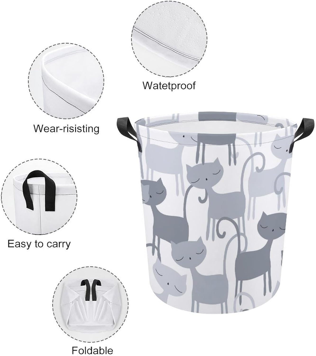 MEIKKO Grey Cat Pattern Laundry Basket with Waterproof Coating