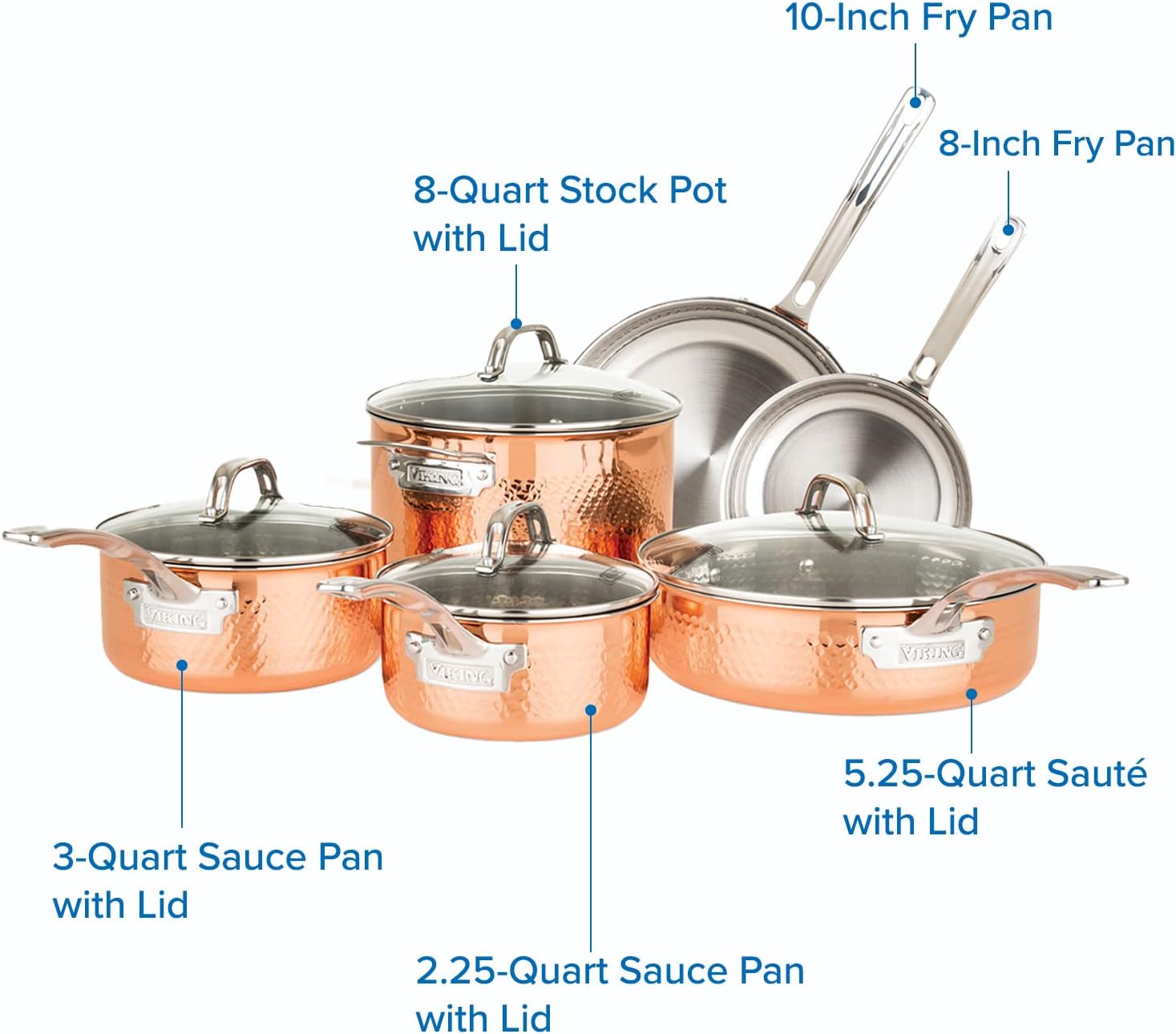 Viking 3-Ply 10-Piece Copper Cookware Set with Glass Lids