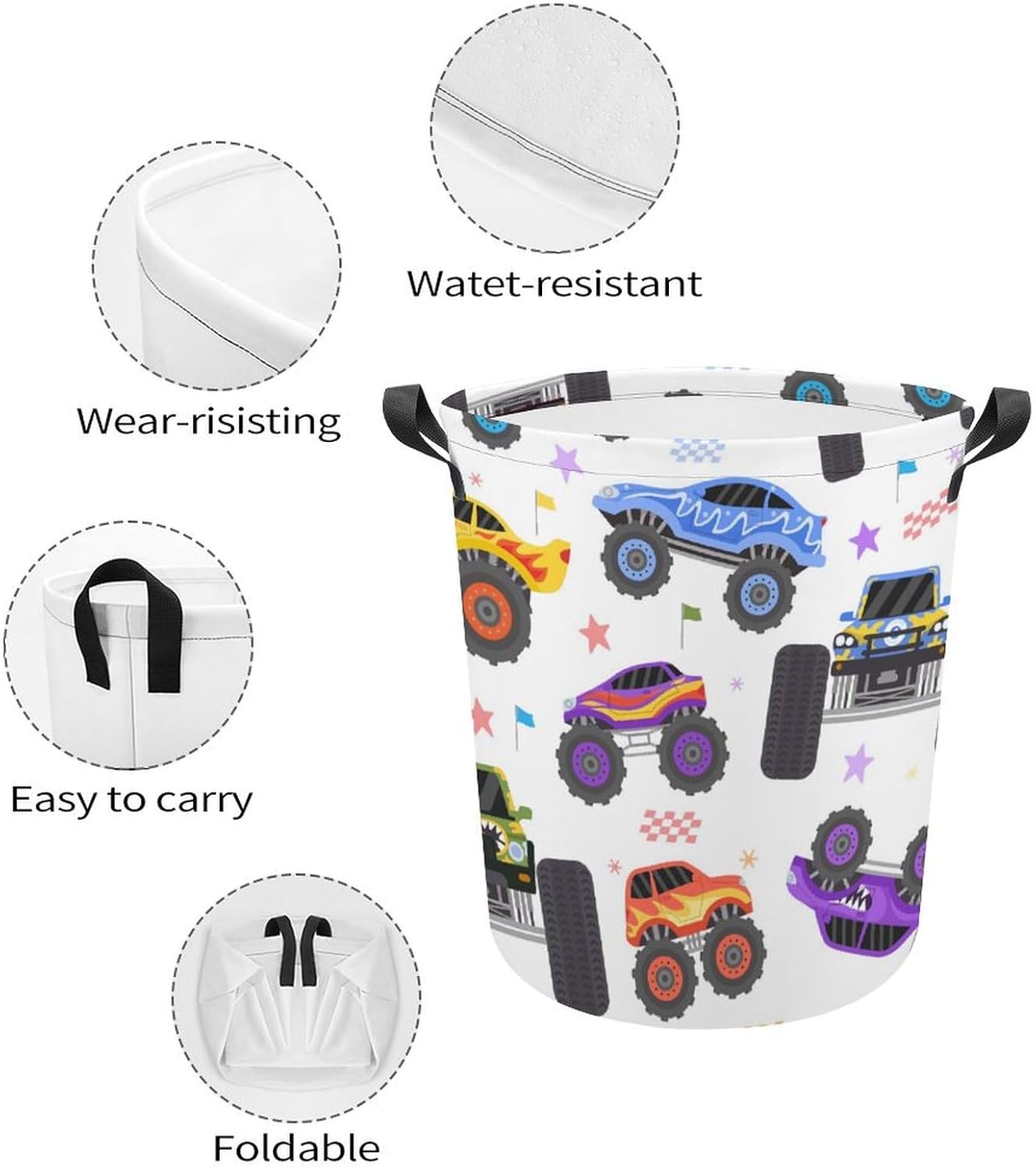 Cartoon Monster Trucks Water resistant Laundry Hamper
