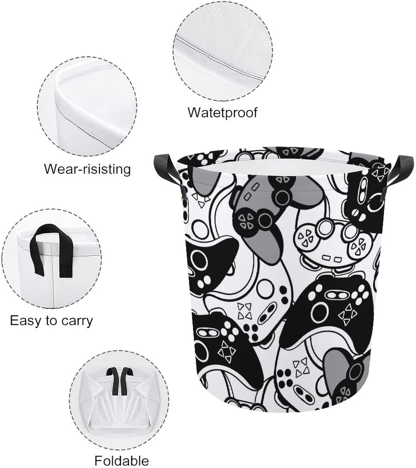 Black and White Joysticks Laundry Baskets Waterproof Durable Collapsible