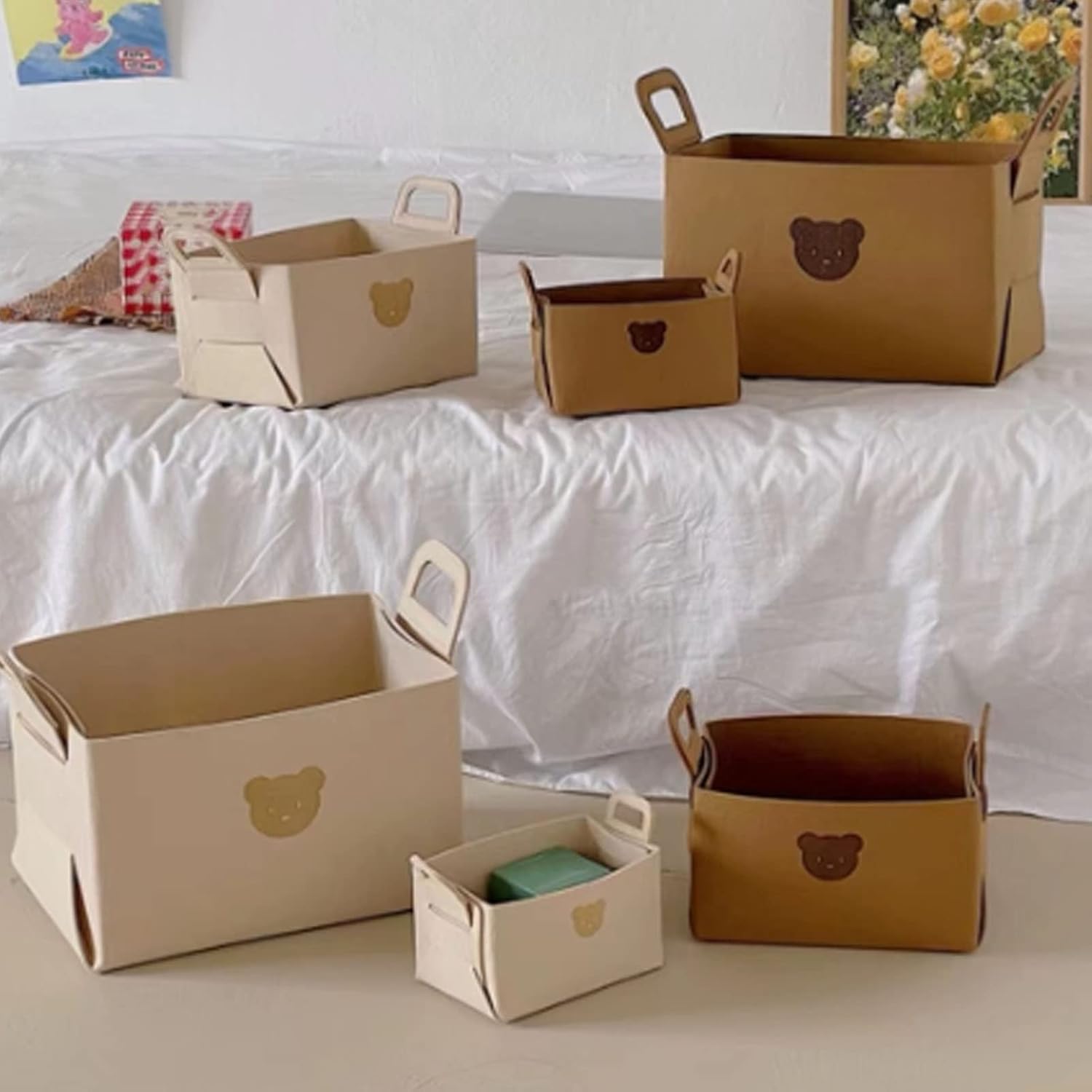 Keebgyy Bear Pattern Felt Storage Basket with Handles